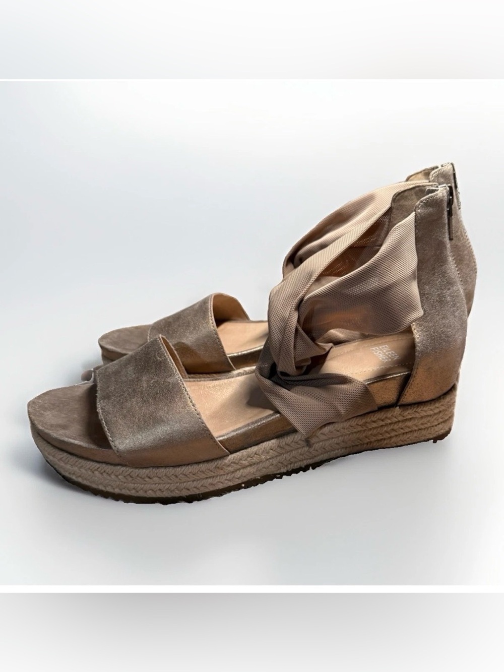 Eileen Fisher Zoe Metallic Leather Mesh Espadrille Platform Sandals Wedge